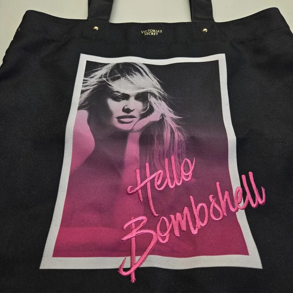 Victoria's Secret Women Bag Large Black Tote Hello Bombshell Embroidered‎ Pocket